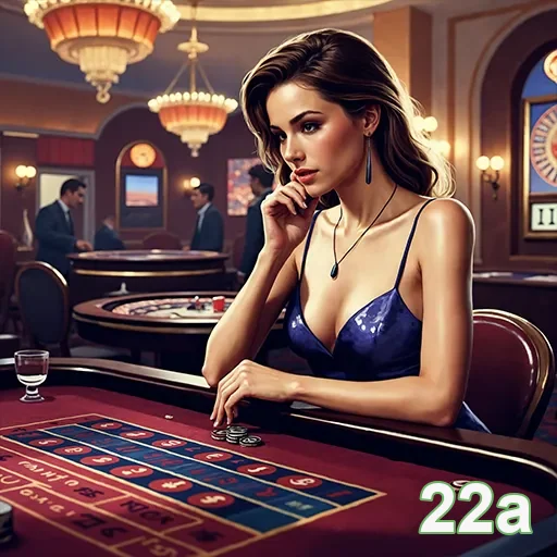 Imagem de um cassino animado no site 22a, com mesas de jogos e luzes brilhantes, perfeita para amantes de jogos de azar.